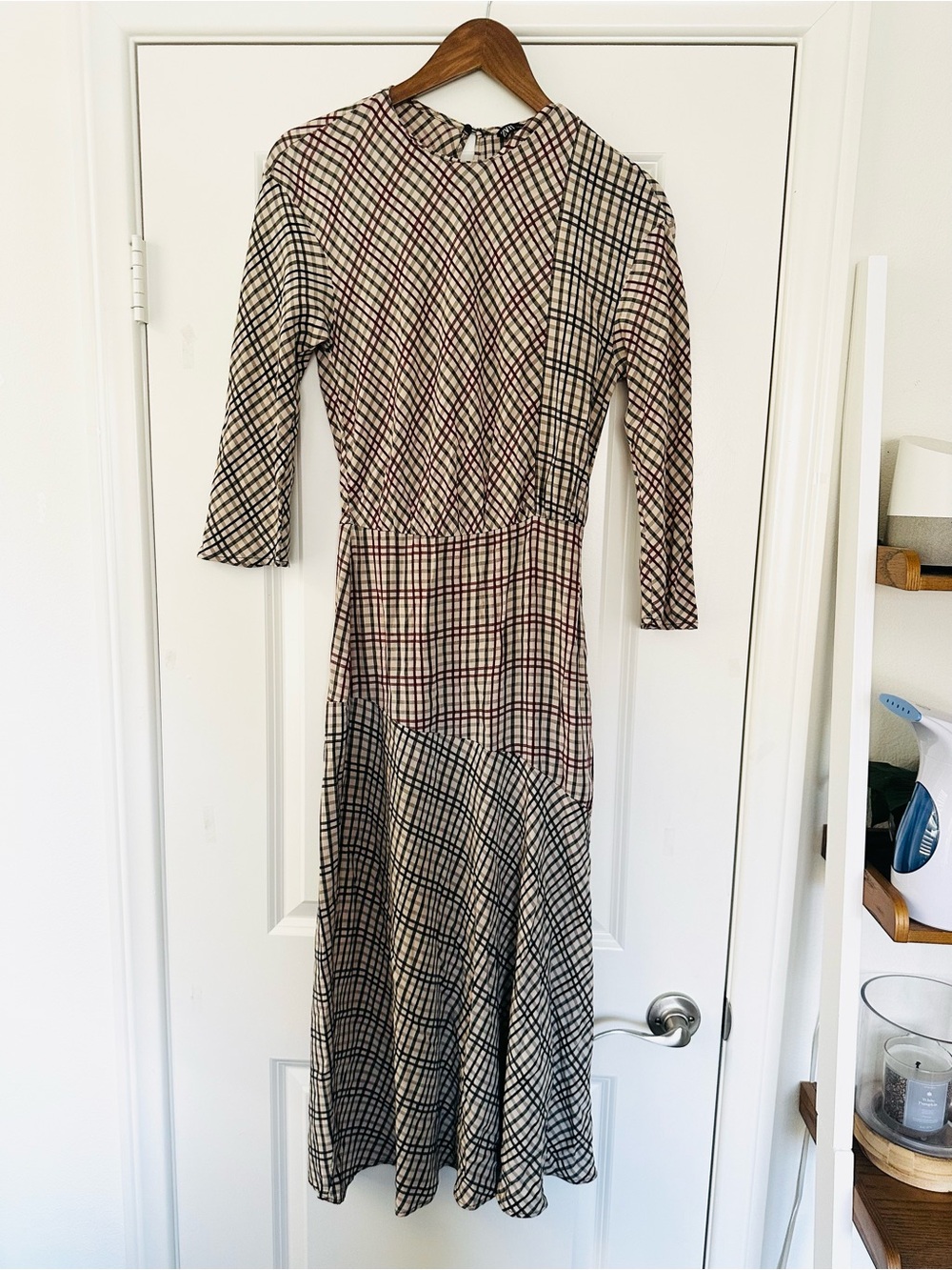 Plaid asymmetrical patchwork Midi Dress in Cream, rust and Black XS